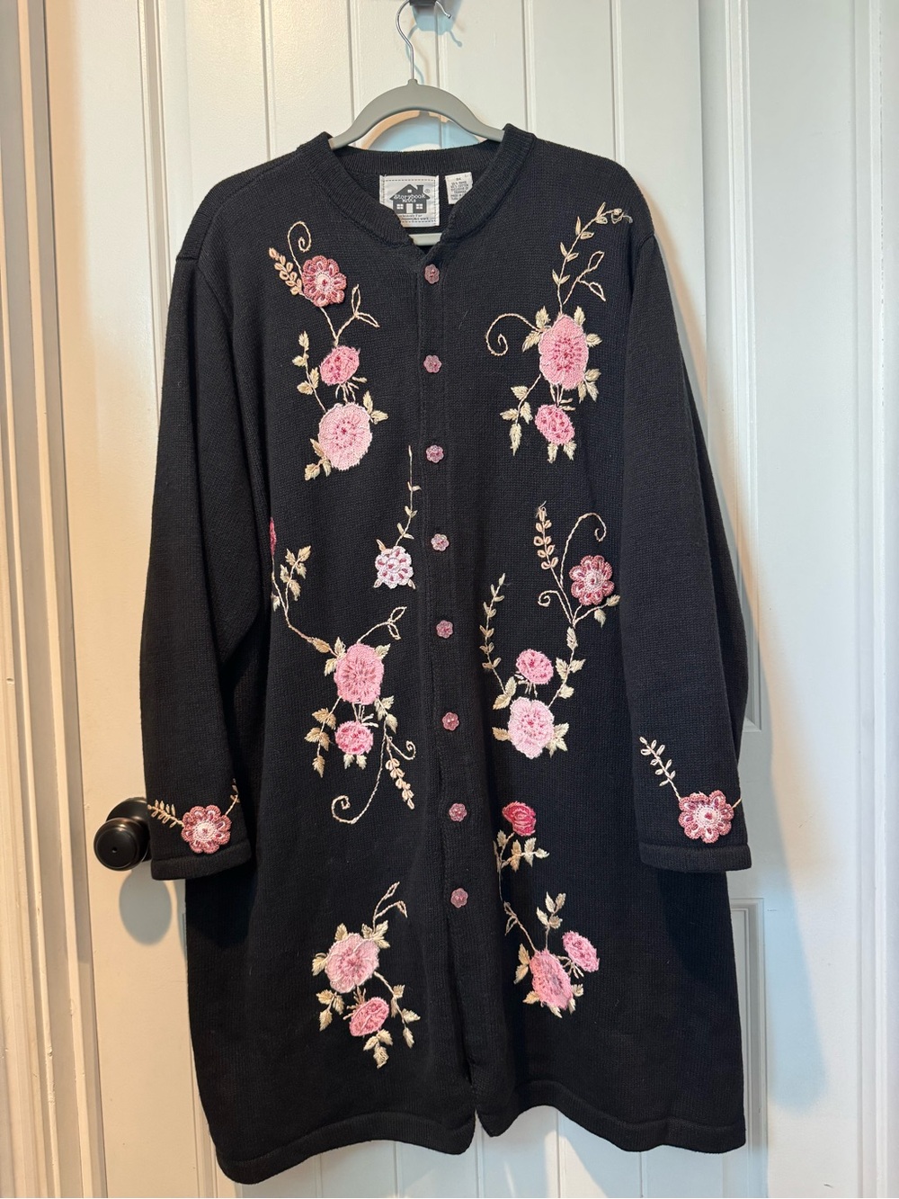 Vintage Storybook Knits Long Black Cardigan with Pink Floral Embroidery 3X